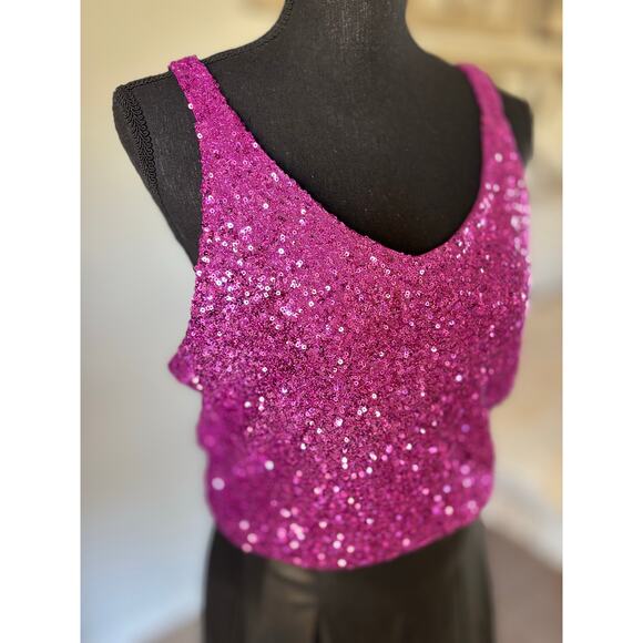 KATE & MALLORY Magenta Sequin Blouson Camisole Bright Fuchsia Sz L - Picture 3 of 7